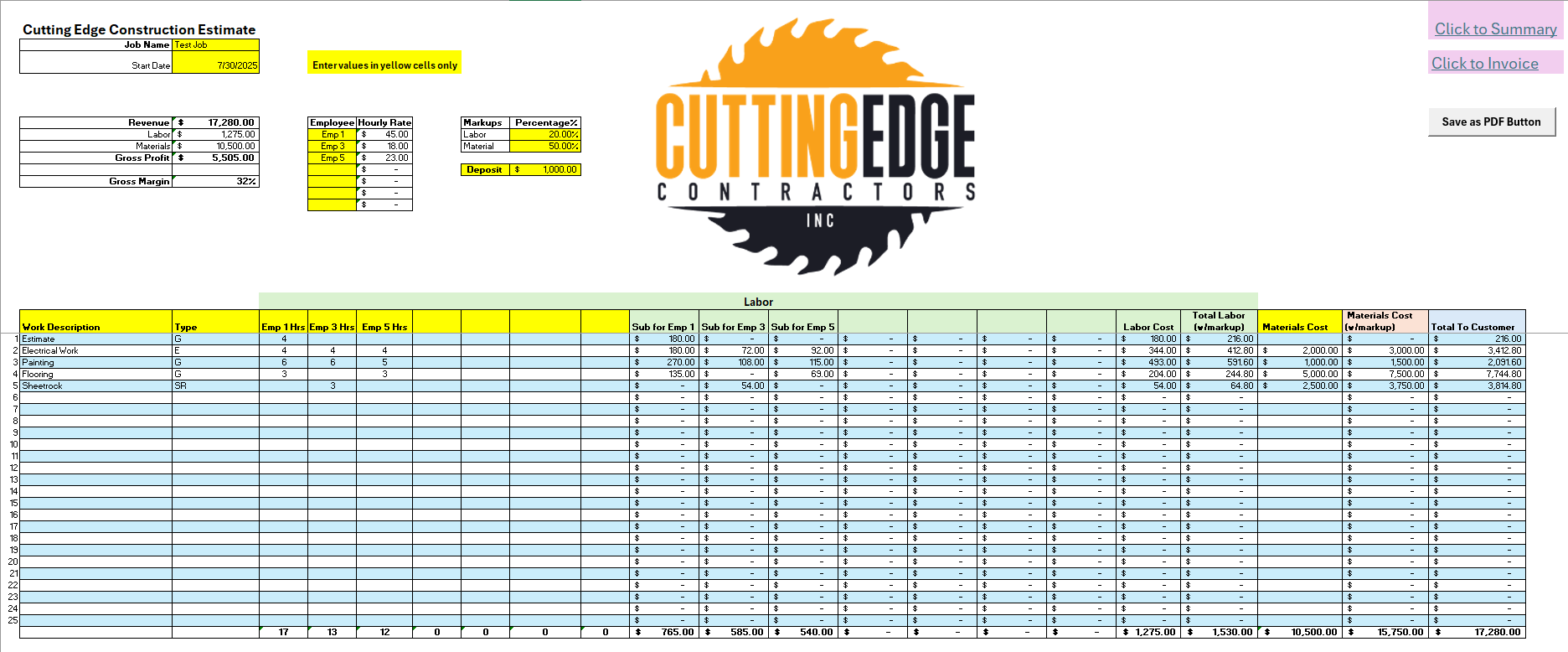 Excel Contracting Template Screenshot